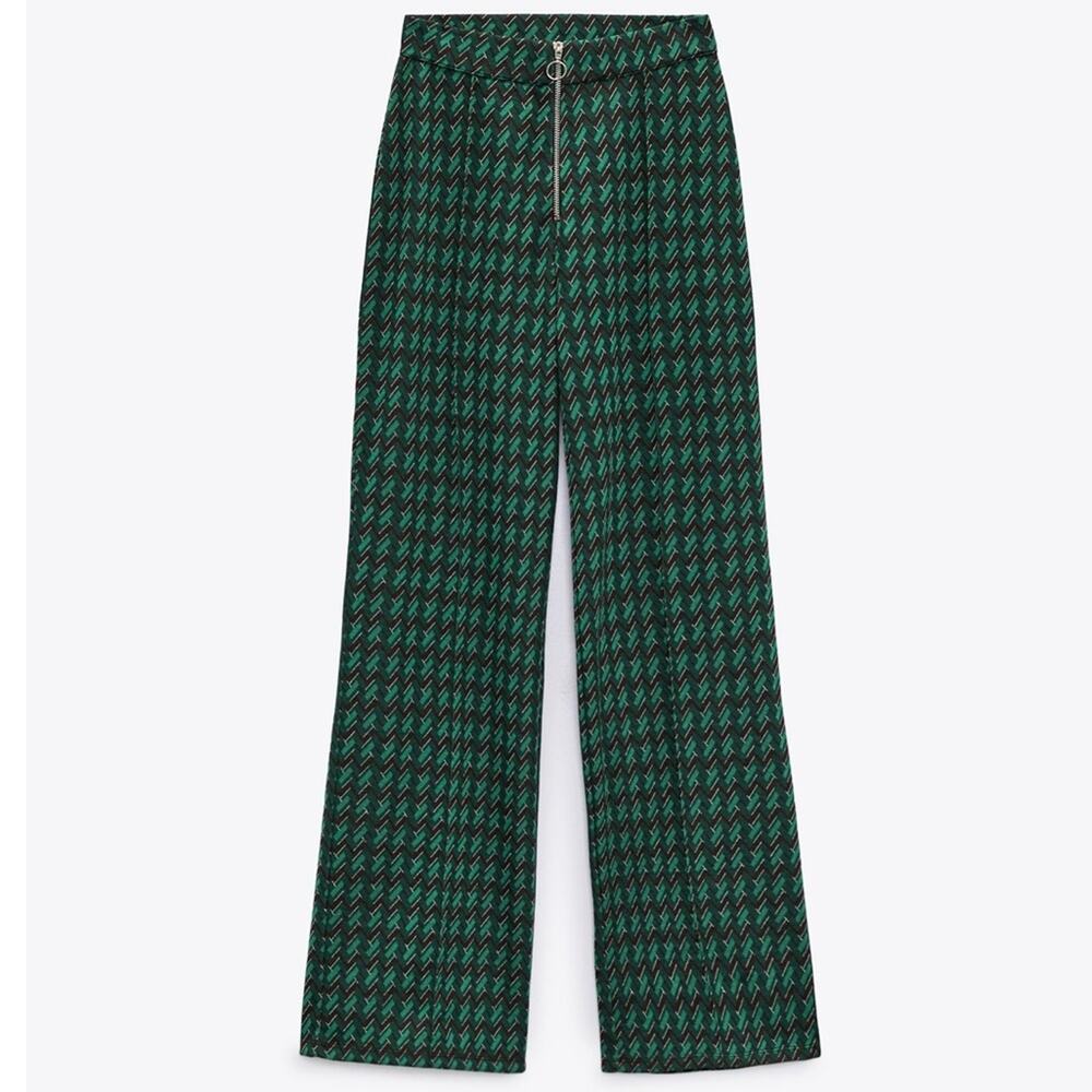 Zara Green Patterned Flared Jacquard Pants Size Medium - Picture 1 of 9